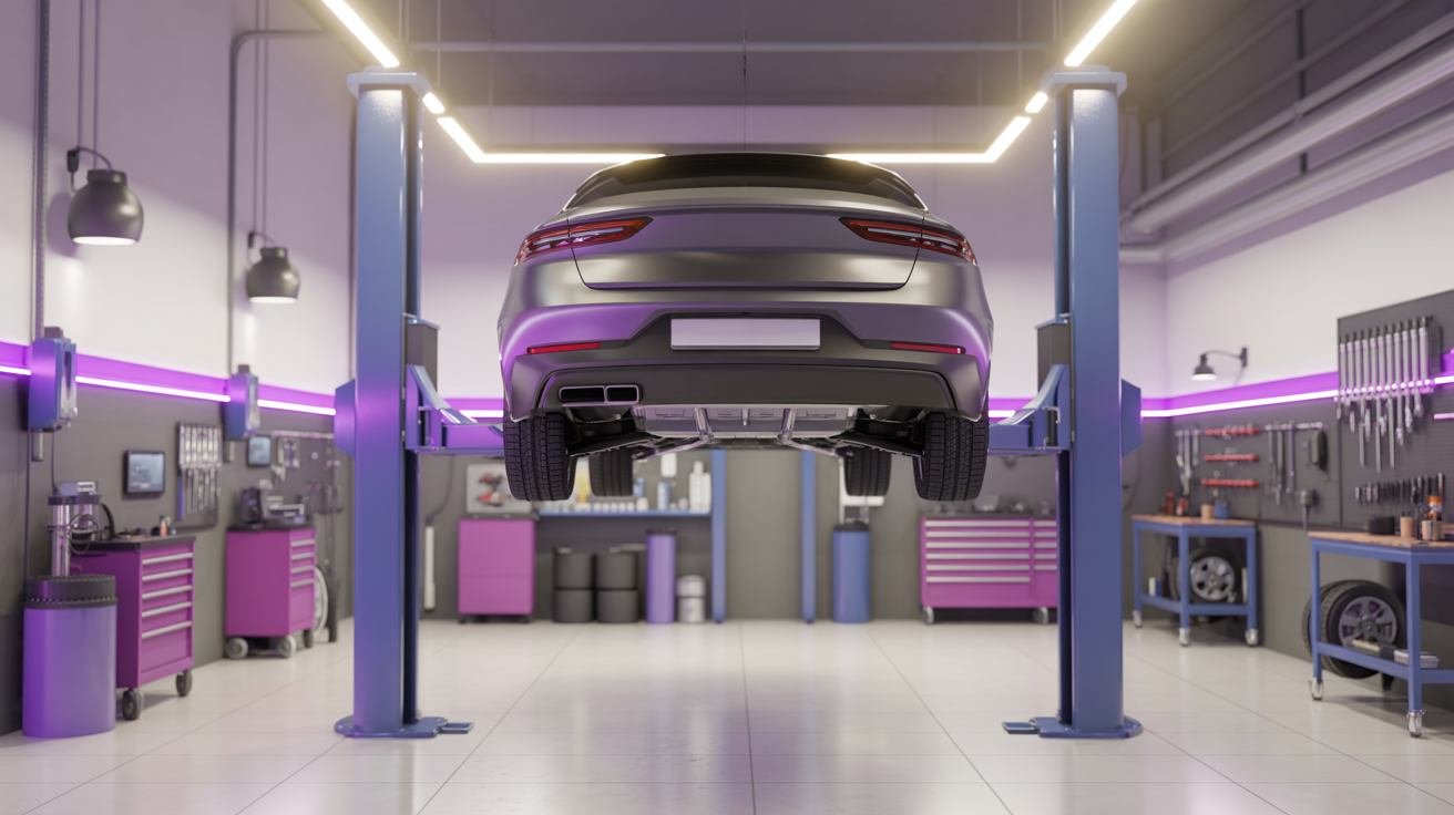 Professional auto repair shop with car on lift